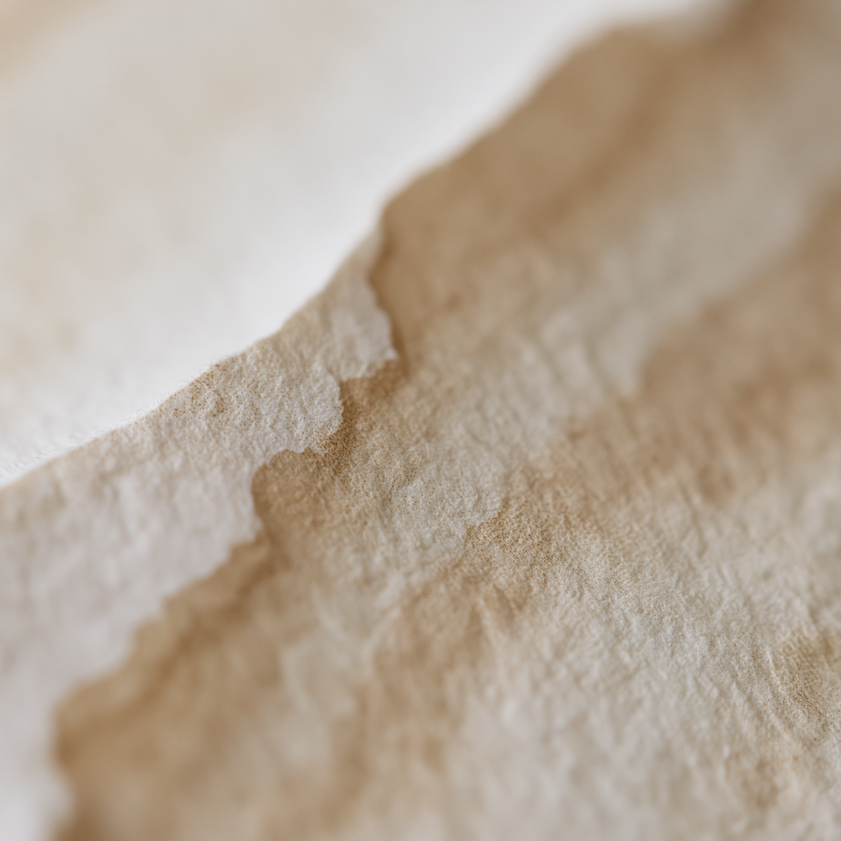 An extreme macro of a thin sepia veil drawn over a milky-ivory surface, thinning unevenly (no people, no product)